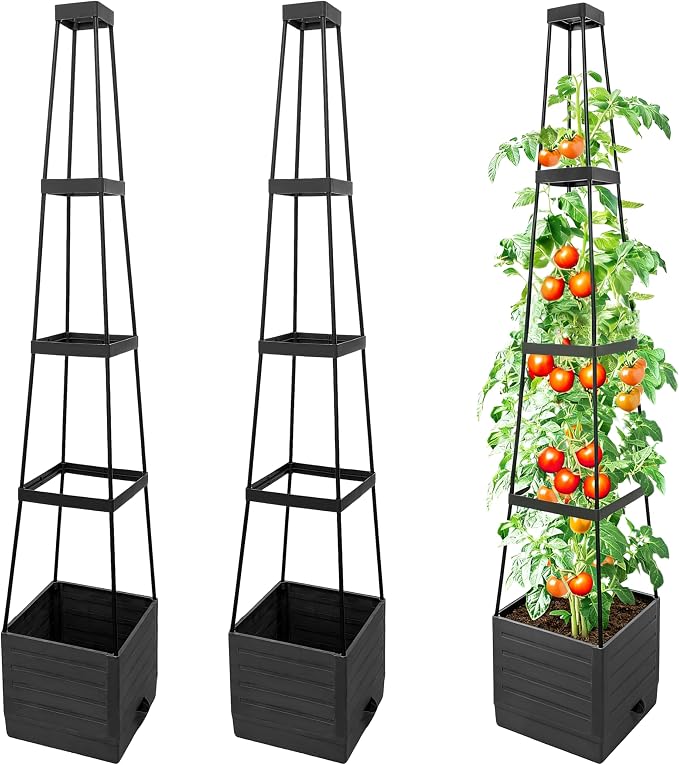 Tomato Planter with Trellis, 57 Inch Self-Watering Planter Box 2-Pack, Grey Planter with Metal Support for Outdoor Indoor Climbing Plants
