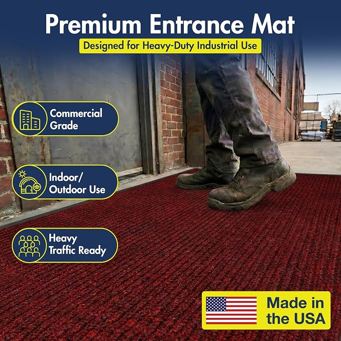 Notrax 109 Industrial Door Mat, 4' x 6' Large Entrance Mat, Heavy Duty Commercial Rugs for Entryway, Welcome Lobbies, Garage, and Mudroom, Made in the USA, Red, Brush Step 109S0046RB