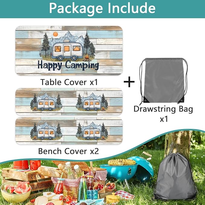 Wooden Camper Picnic Table and Bench Cover, Camping Table Cover with Drawstring Bag, Waterproof Windproof Outdoor Elastic Tablecloth, Fitted Rectangle Tables and Seats 3 Pieces Set, 30x96 Inch