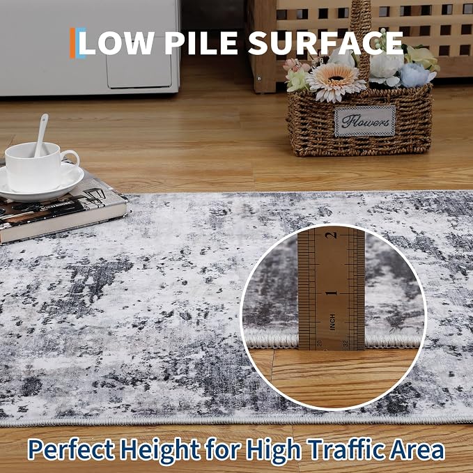 ROYHOME Modern Abstract Runner Rug 2x5 Washable Non Slip, Grey | Stain Resistant Rug for Bedroom Living Room Non Shedding Low Pile Indoor Floor Cover