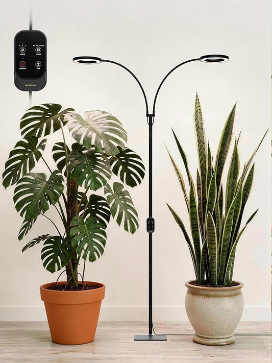 GLOWRIUM Grow Lights for Indoor Plants, Full Spectrum LED Grow Light Floor Lamp with Stand Adjustable Height and Angle, Black Plant Light with 3/9/12H Grow Light Timer (Black, Dual Heads)
