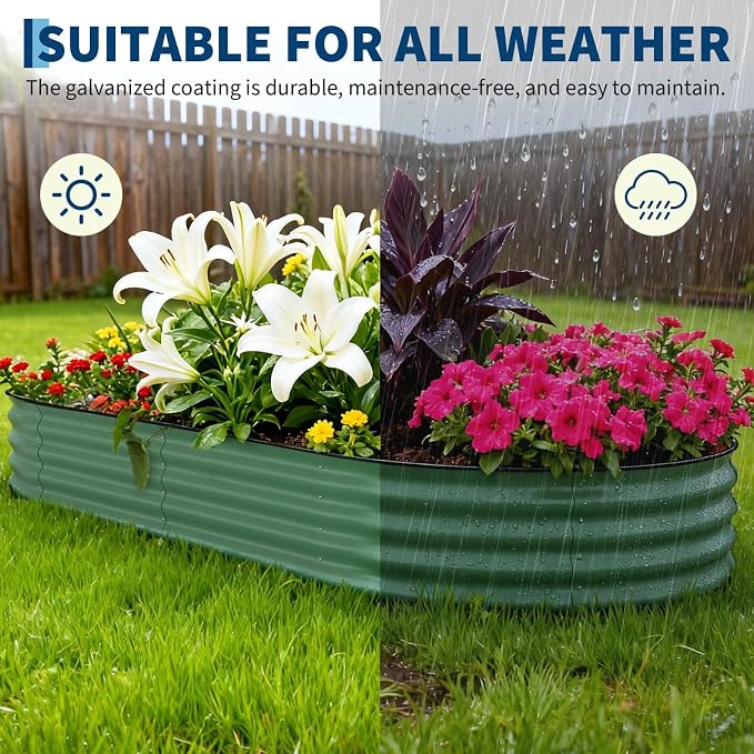Garvee 2 Pack 10x4x1.5ft Galvanized Raised Garden Bed Kit, Oval Metal Planter Boxes with Anti-Cut Safety Edges, Rust-Resistant Deep Root Planters for Outdoor Vegetables, Flowers, Herbs, Green