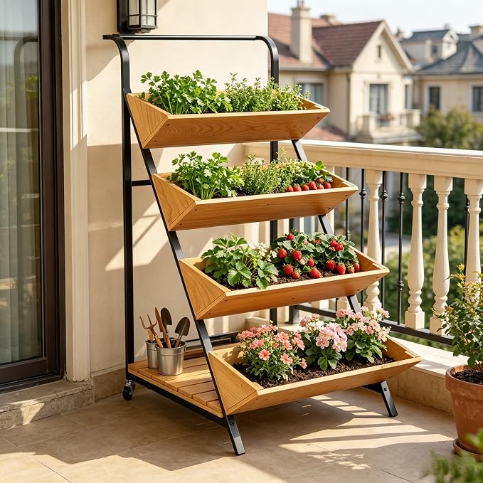 4-Tier Vertical Raised Garden Beds Indoor Outdoor Freestanding Tiered Planter Box with Metal Frame & Wheels for Herbs Vegetables Fruits Wooden Flower Display Stand for Patio, Balcony & Yard (Wood6)