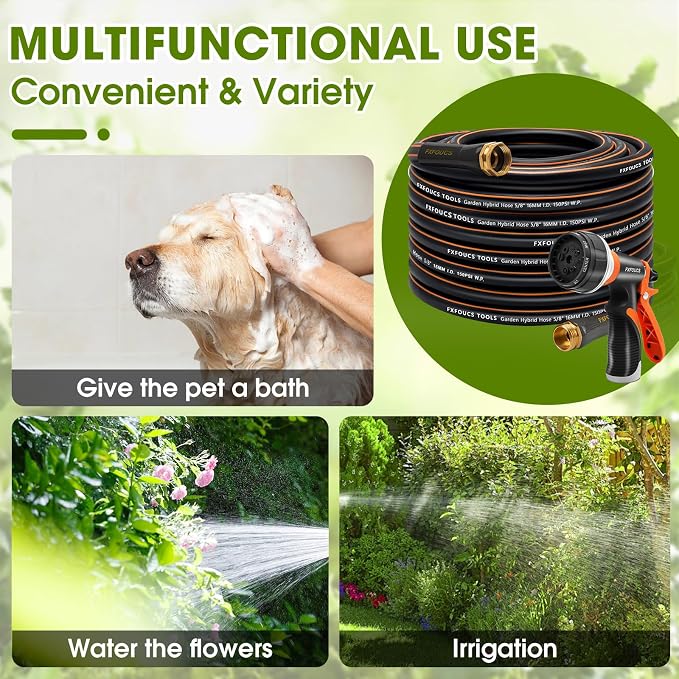Heavy Duty Garden Hose – 5/8 Inch Flexible, Lightweight Hybrid Hose with 600 PSI Burst Pressure, Swivel Handle, and Durable Copper Male/Female Fittings (Black with hose sprayer, 75FT)