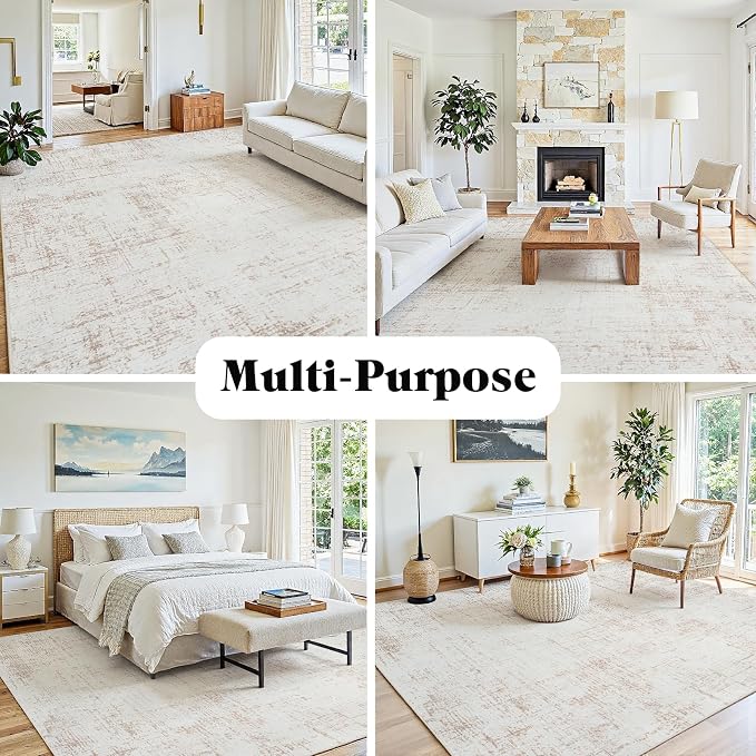 10x14 Area Rug for Living Room Bedroom: Non-Slip Modern Beige White | Machine Washable TPR Backing, Stain-Resistant Low Pile, Pet & Kid Friendly, Abstract Decor for Dining Room, Dorm, Home Office