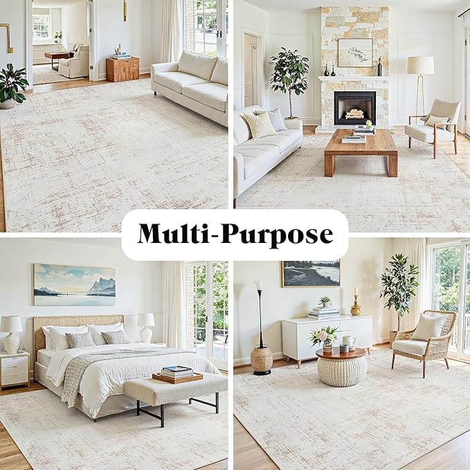 6x9 Washable Area Rug for Living Room Bedroom: Non-Slip Modern Beige White | Machine Washable TPR Backing, Stain-Resistant Low Pile, Pet & Kid Friendly, Abstract Decor for Dining Room, Dorm, Home Office