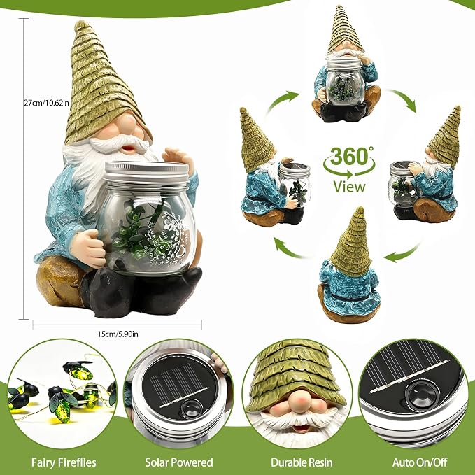 VOOKRY Solar Garden Gnome Statues, Outdoor Gnome with Firefly Solar Lights | Birthday Gifts for Mom Women Christmas Mother's Day, Garden Figurines for Yard Decor Patio Porch Lawn Ornaments