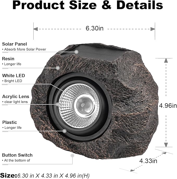 Candieslife Solar Rock Lights Outdoor Garden Waterproof - Super Bright LED Solar Spotlights, Solar Powered Landscape Path Decorative Garden Stone Lights for Pathway, Walkway, Yard, Patio (4 Pack)