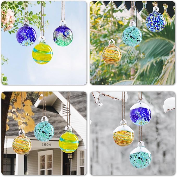 VCUTEKA Hanging Garden Gazing Ball, Glass Witch Ball for Outdoor Decor, 3" | 6pcs Hanging Gazing Balls, Hand-Blown Witch Ball Ornament Colorful Swirl Garden Globe for Outdoor Garden Lawn Yard Decorative