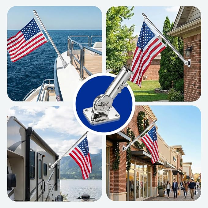 180° Adjustable Flag Pole Holder 316 Stainless Steel Marine Grade Heavy Duty Flag Pole Mount FlagPole Bracket for Outside House, Garden, Boat, Truck(Mounting Hardware Included)Fits 1" Flag Pole