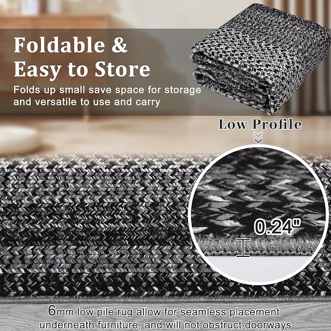 RUGSREAL 10x13 Large Living Room Rug Washable Braided Print Bedroom Rugs | Throw Carpet Farmhouse Rustic Dining Room Non Slip Geometric Bordered Carpet for Home Decor Office, Black