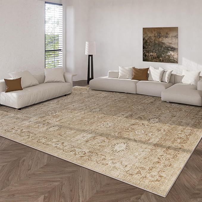 9x12 Area Rug Living Room: Washable Rug Non Slip Low Pile Soft Faux Wool Non Shedding Distressed Vintage Floral Large Carpet for Bedroom Dining Room Kitchen Nursery Under Table Farmhouse Home Office