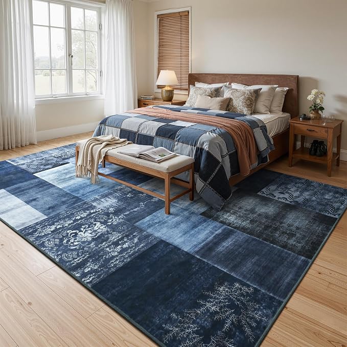 Washable Area Rugs 6x9 for Living Room, Large Modern Geometric Navy Blue Soft Patchwork Carpet, Non-Slip Stain Resistant Throw Rug for Bedroom Dining Room Office Home Decor