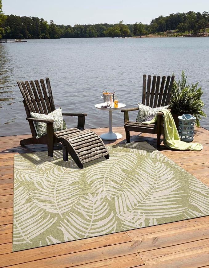 Unique Loom Outdoor Botanical Collection Area Rug - Palm (6' 1" Square Green/Ivory)