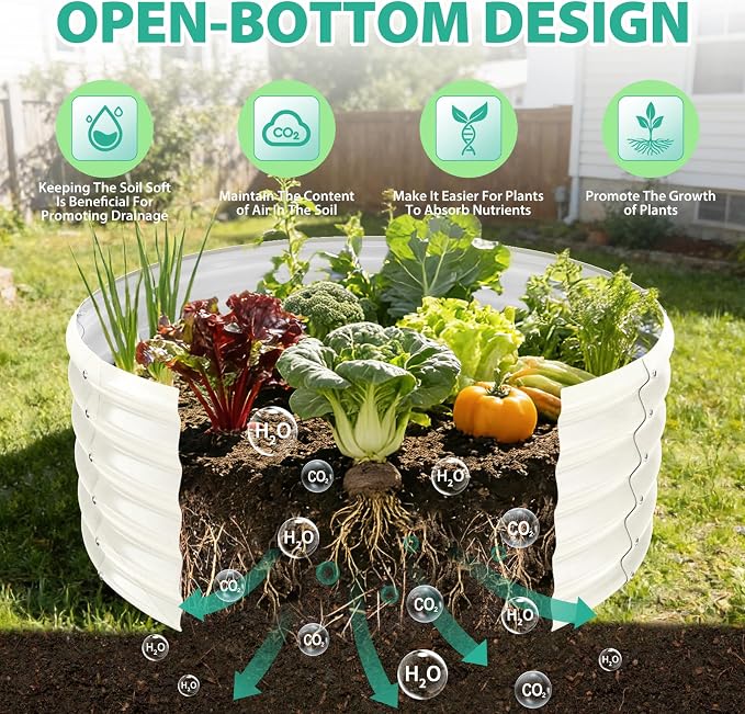 YSEJOMP 17" Tall Round Outdoor Garden Raised Garden Bed Kits-0.8MM Thick Metal Raised Planter Bed/Ground Planter Box for Variety of Flowers,Herbs,Vegetables,Trees (Cream White, 40 Dia X 16.5 inches)