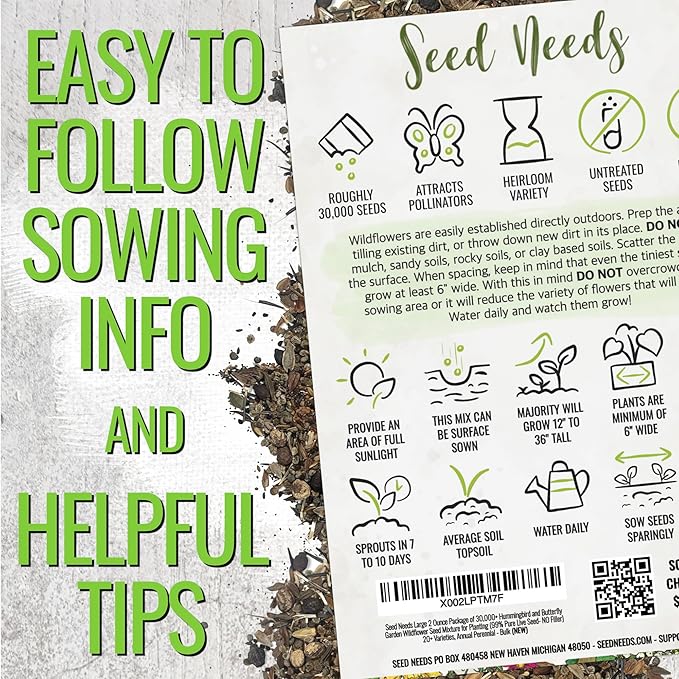 Seed Needs Wildflower Seeds Butterfly and Hummingbird Mix 2 Ounce Bulk Pack