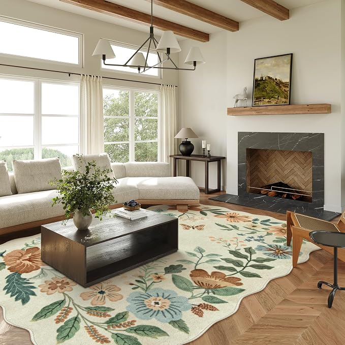 Lahome Floral 9x12 Area Rugs for Living Room, Soft Washable Bedroom Rugs | Stain Resistant Ultra-Thin Non-Slip Boho Dining Room Rug Accent Carpet for Office Flore (9x12ft, Beige)