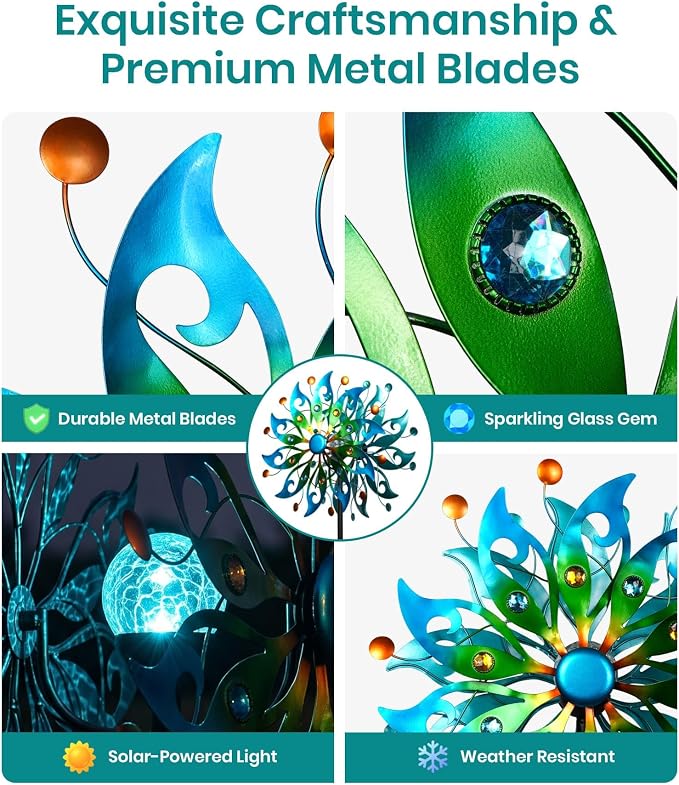87" Large Solar Wind Spinners Outdoor, Peacock Metal Garden Decor | Handcrafted,Large,Solar-Powered Color-Changing,Rust-Proof,Weather-Resistant,Heavy-Duty,Tool-Free Assembly,Peacock