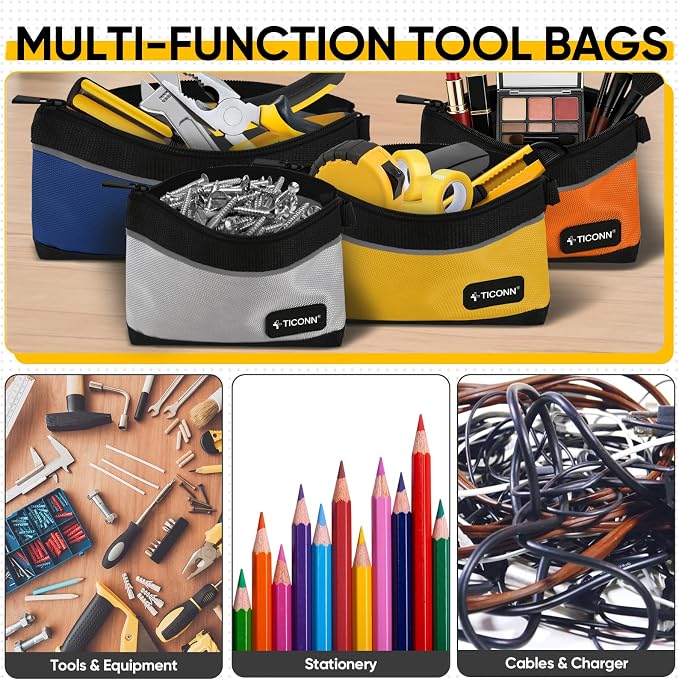TICONN Tool Pouches with Zipper, 1680D Oxford Small Tool Bags, Waterproof Utility Bag Zipper Pouch for Tool Organizers and Storage (3 Pack Combo)