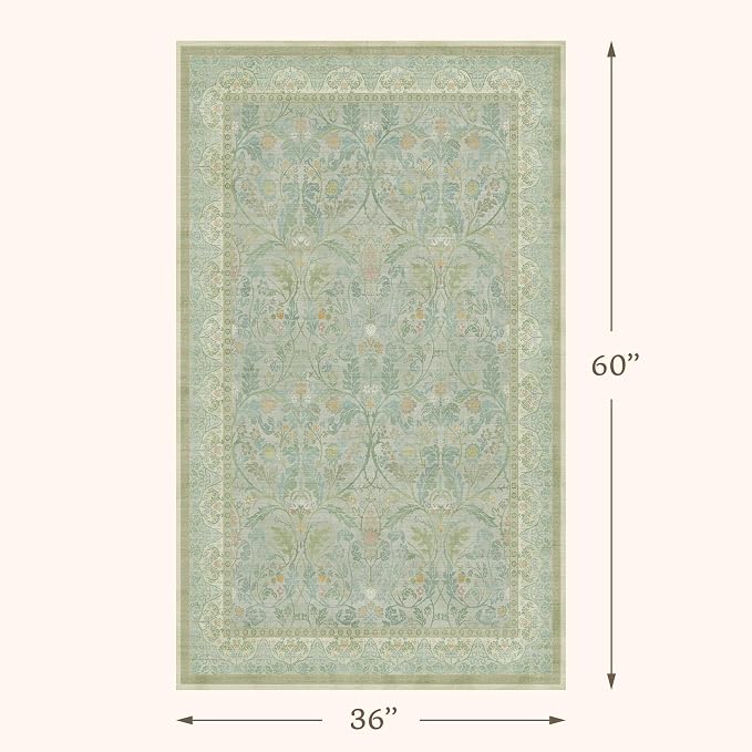Sage Green 3x5 Area Rug for Entryway, Machine Washable Floral Large Door Mats Indoor Entrance, Non Skid & Low Pile Thin Rugs for Kitchen Bedroom, Reading Corner