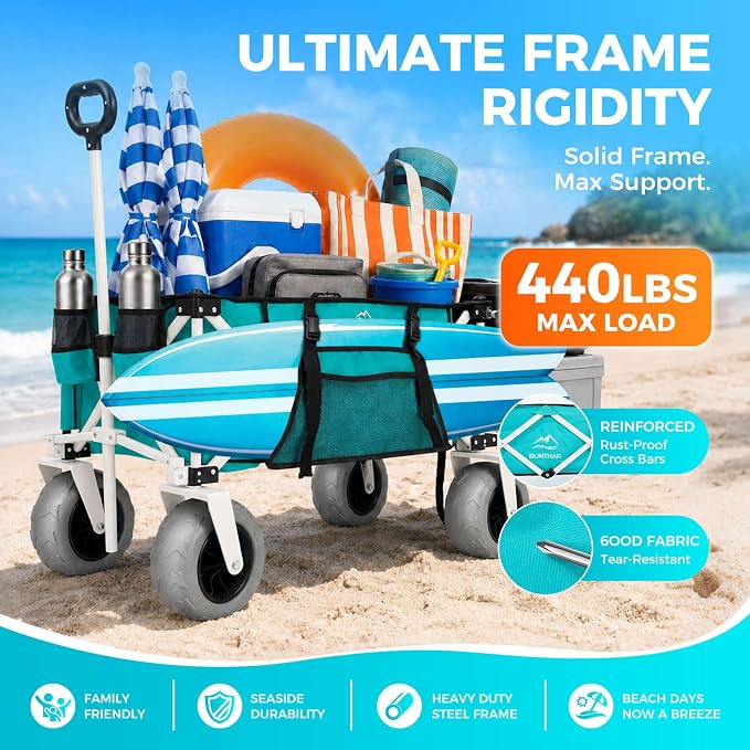 Heavy Duty Beach Wagon with 9" Big Sand-Proof Balloon Wheels, 200L Oversized Foldable Beach Cart, 440LBS Utility Wagon with Side Pocket for Sand,Camping,Vacation