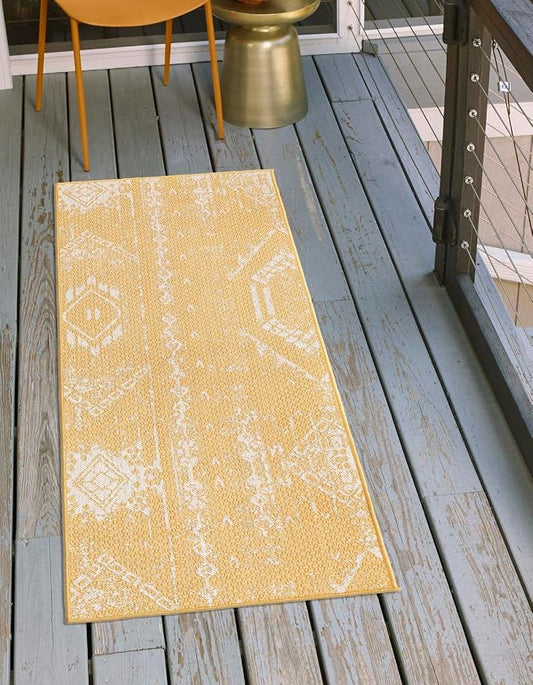 Unique Loom Outdoor Bohemian Collection Area Rug - Anthro (2' x 5' 1" Runner, Yellow/ Ivory)