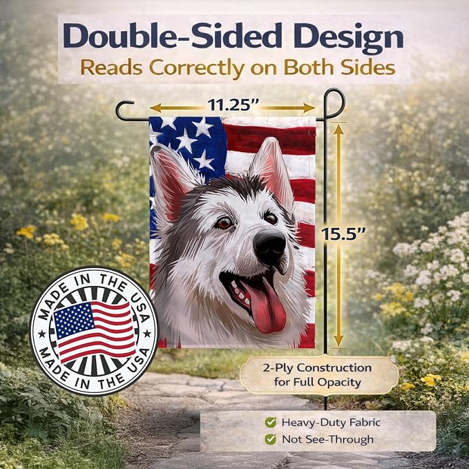 Caroline's Treasures CK6629GF Northern Inuit Dog American Flag Garden Flag Mailbox Flag Decorative Yard Flag Banner Outside Patio Artwork Yard Flower Beds, Garden Size, Multicolor