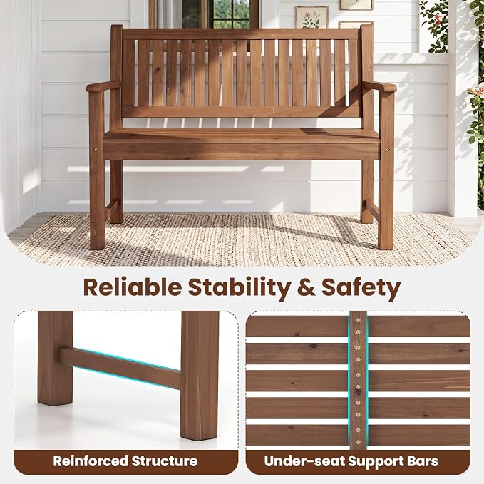 Tangkula 2-Seater Outdoor Wooden Bench, Garden Loveseat Bench with Backrest, Armrests, Slatted Seat, Loads up to 660 LBS, Fir Wood Bench Seating for Porch, Backyard, Deck, Poolside (45.5",Brown)