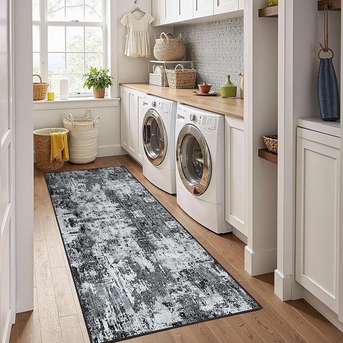 RELEANY Washable Runner 2'x6' Abstract Area Rug for Hallway Black White | Carpet for Kitchen, Entryway, Bathroom, Living Room, Bedroom, Printed Pattern, Non‑Slip, Soft, Stain‑Resistant, Easy to Clean