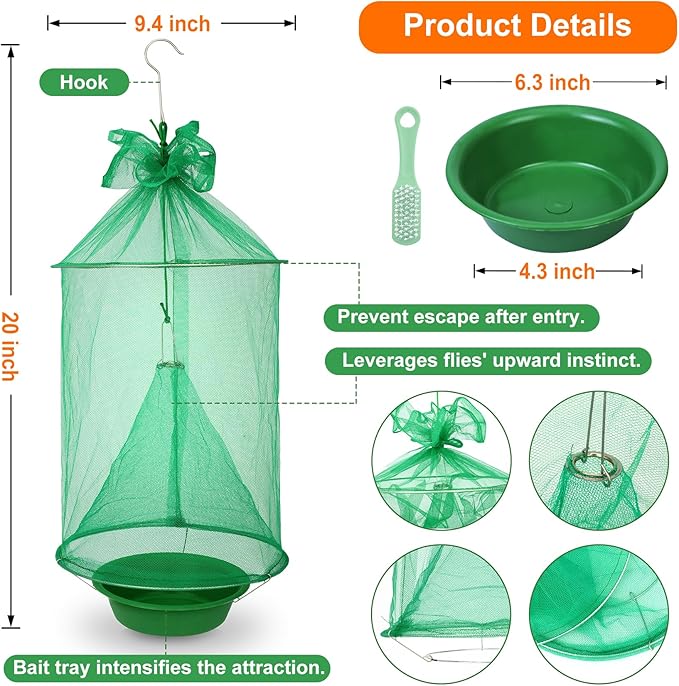 6 Pack Reusable Ranch Fly Trap Hanging, Fly Traps Outdoor Fly Catcher Killer Hunter Cage Control, Farm Horse Stable Fly Trap for Orchard, Barn, Garden