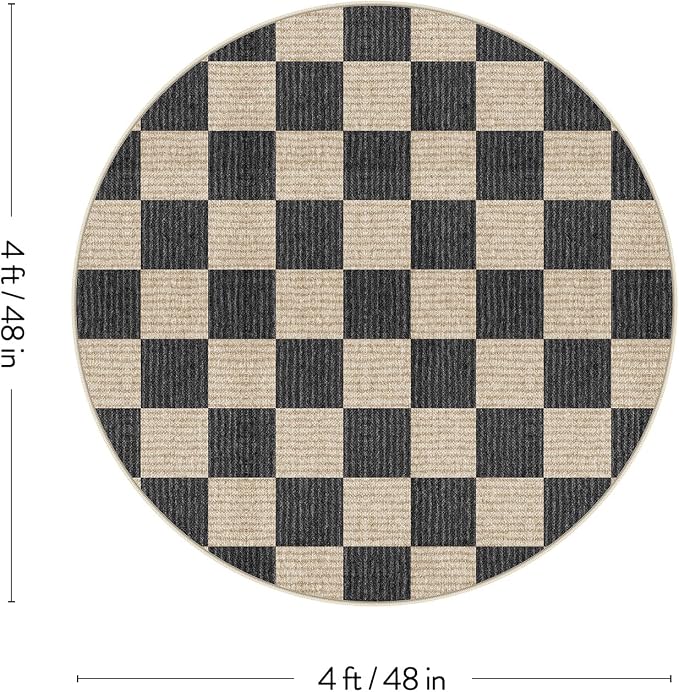 LIVEBOX Checkered Round Rug 4 Ft Washable Area Rug for Playroom Classroom, Kids Non-Slip Neutral Classic Circle Rug Geometric Carpet Soft Boys Nursery Rug for Dorm Bedroom(Black,120R)