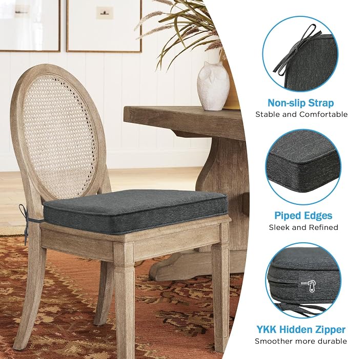 17 x 16 Inch Outdoor Chair Cushions with Tie Straps, Set of 4 Thick Water Repellent Round Patio Chair Pads for Garden Lawn Patio Furniture, Grey Linen Stripe