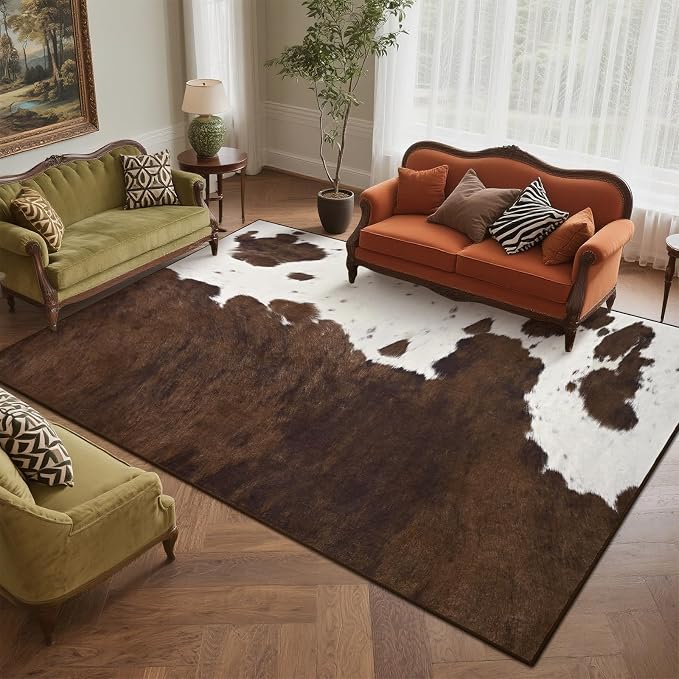 DweIke Cow Print Rug – 4x6 Faux Cowhide Carpet, Washable Soft Non-Slip Stain Resistant Animal Cow Hide Rugs for Living Room Bedroom Dining Room Office, Western Home Decor, Brown