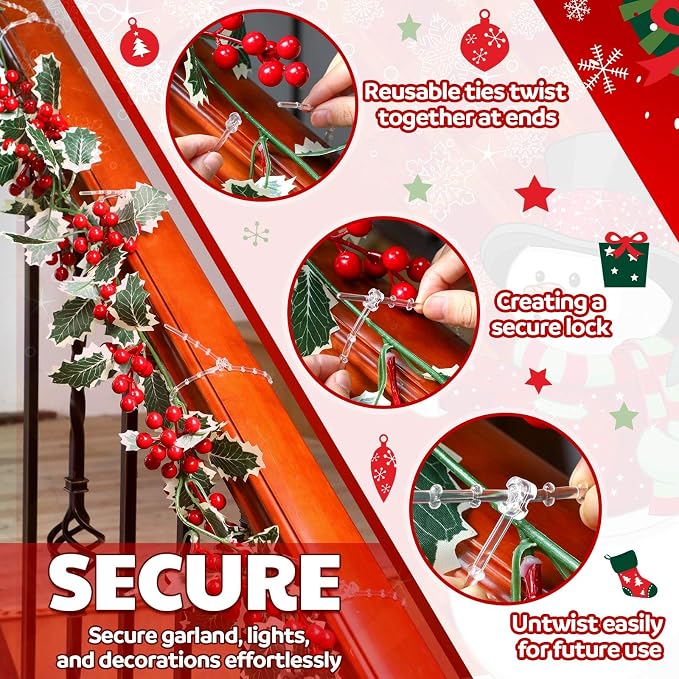 Cinnvoice 50pcs Christmas Garland Ties Clear Plastic Banister Garland Ties Decorative Reusable Soft Anti Scratch Garlands Hanger for Mantel Fences Home Xmas Holiday Craft Wrapping (8inch)