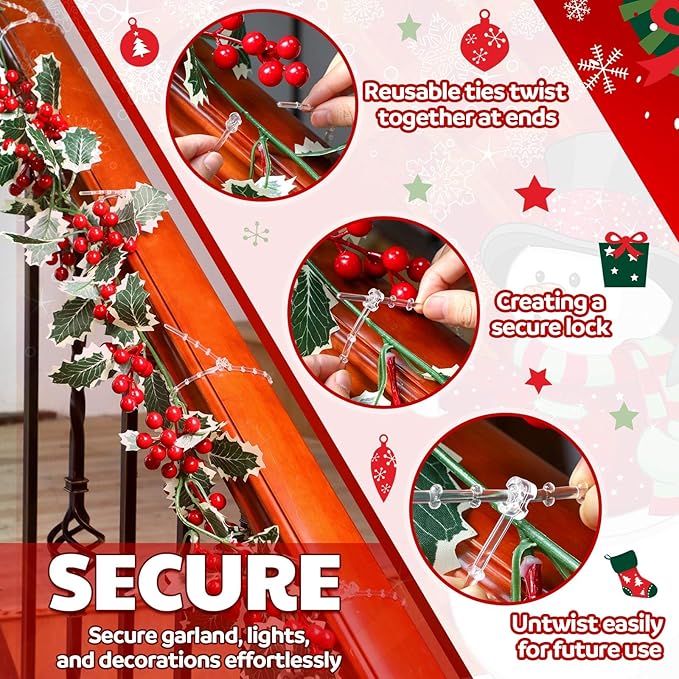 Cinnvoice 20pcs Christmas Garland Ties Clear Plastic Banister Garland Ties Decorative Reusable Soft Anti Scratch Garlands Hanger for Mantel Fences Home Xmas Holiday Craft Wrapping (8inch)