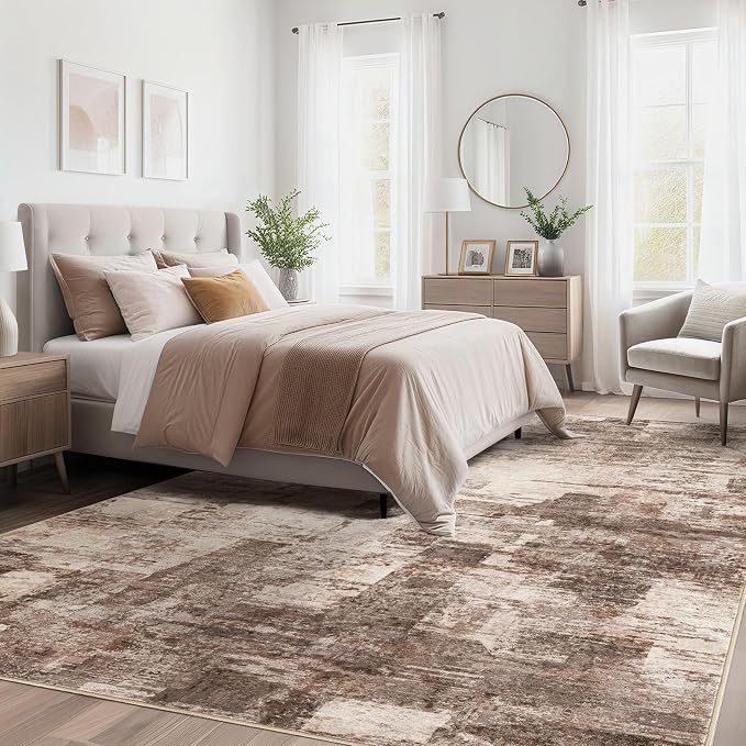 kakania Abstract 8x10 Area Rugs for Living Room: Washable Rugs Brown | Soft, Non-Slip, Low-Pile, Pet & Kid Friendly - Large Modern Home Decor Carpet for Bedroom/Dining Room/Office/Nursery