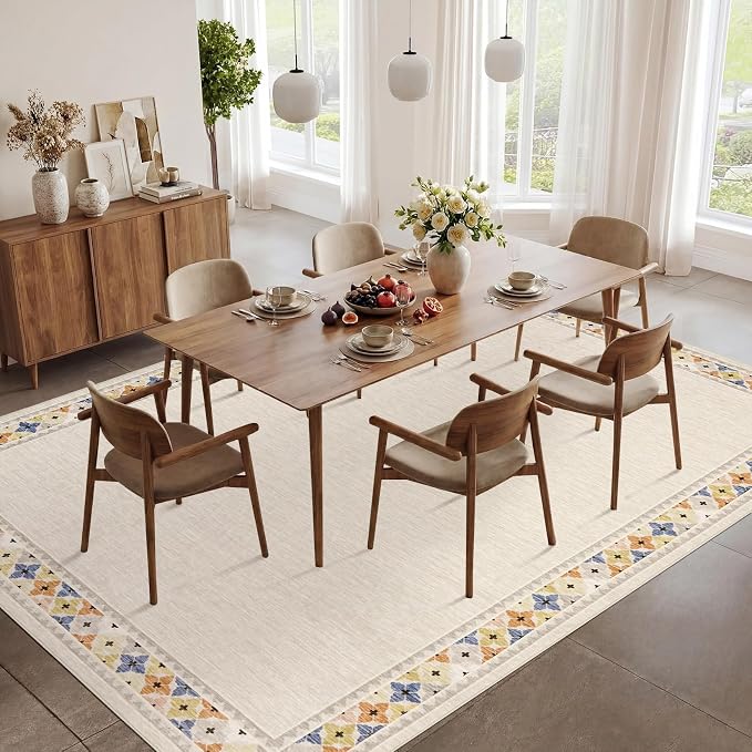 Garvee Large Area Rug 10x13 Rugs Tribal Border Washable Rug, Beige | Floral Border Area Rug Stain Resistant Easy Cleaning Throw Rugs Low Pile Floor Cover for Nursery Dining Room Apartment