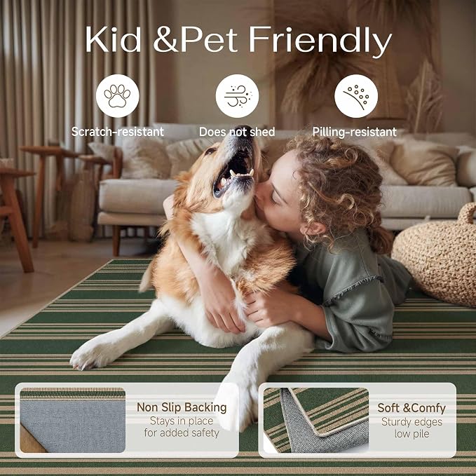 PureCozy Striped Easy Jute Rug 6x9 Green Living Room Carpet Washable Non Slip Bedroom Office Rug Farmhouse Neutral Non Shedding Indoor Outdoor Large Carpet for Kitchen Dining Room