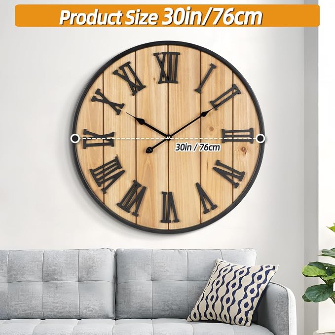Large Wall Clock 30IN, Silent Metal Wood Style Wall Clocks Battery Operated for Living Room Decor, Farmhouse Big wall Clock, Outdoor