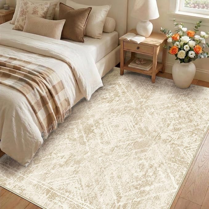 8'x10' Washable Area Rug for Living Room Beige/Lightbrown | Soft Western No Slip Low Pile Print Foldable Indoor for Kitchen Dining Room