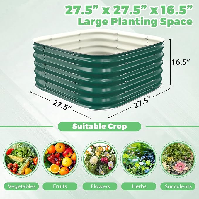Green Painted Galvanized Raised Garden Bed,Garden Planter Bed Outdoor, Heavy Duty Rustproof Steel Raised Bed Kit for Gardening Vegetables Fruits Flowers Grow (Green, 2.3x2.3x1.5ft)