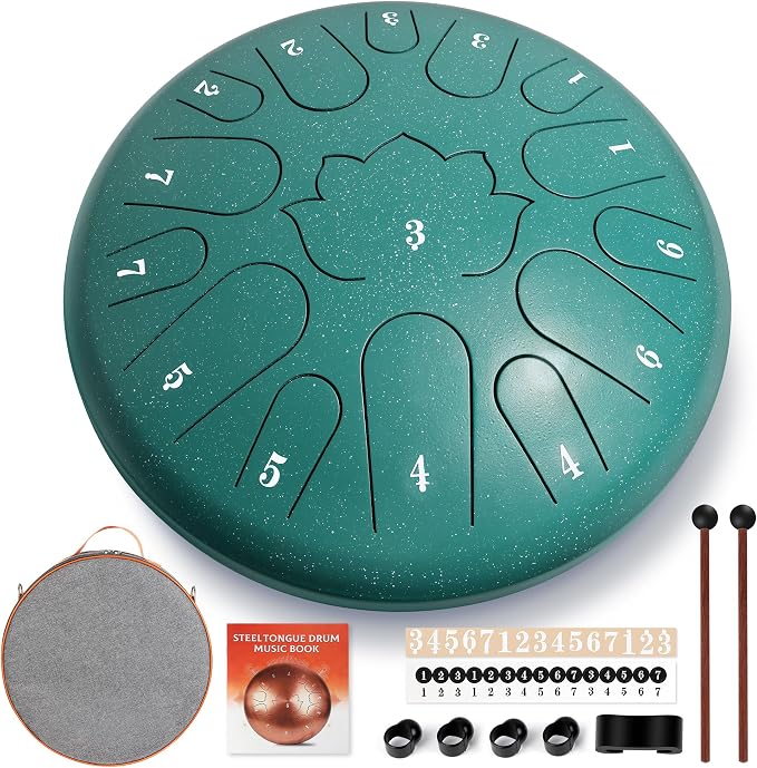 Handpan Drum, 15 Notes 12 Inch Steel Tongue Drum with Music Book Tongue Drums Gift Rain Drum Mallet, and Carry Bag(Malachite, 12 Inch)