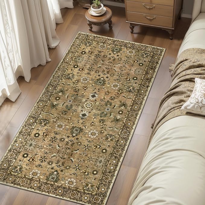 Brown 2x4 Runner Washable Rugs for Entryway, Non Slip Small Area Rug | Tangsoo Vintage Floral Indoor Front Door Rug, Small Carpet, Farmhouse Soft Low Pile Rugs for Entrance Entry Kitchen Bathroom