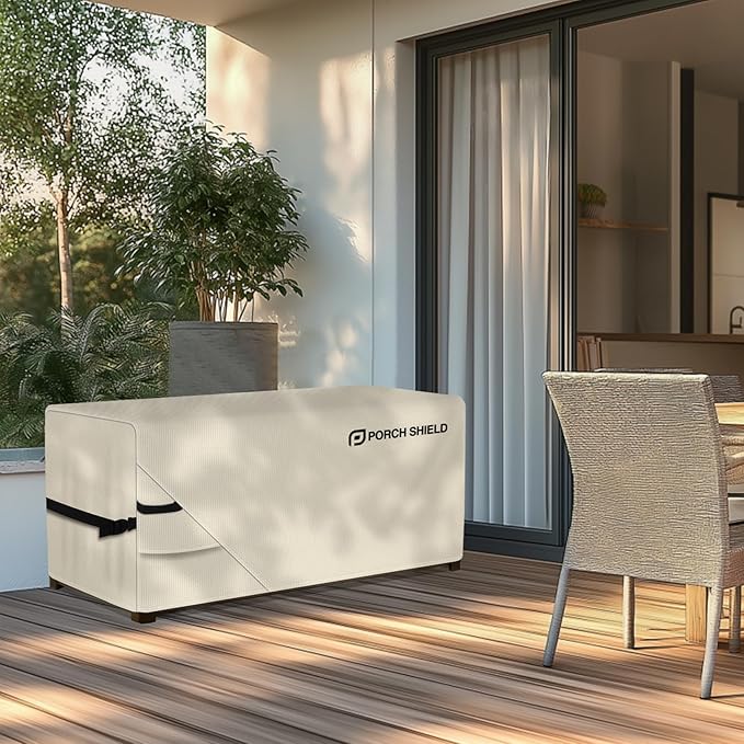 Porch Shield Patio Deck Box Storage Cover - 600D Outdoor Waterproof Cover for 100-134 Gallon Box Tear Resistant Rectangular Fire Pit Table Covers 56 x 26 x26 inch Beige