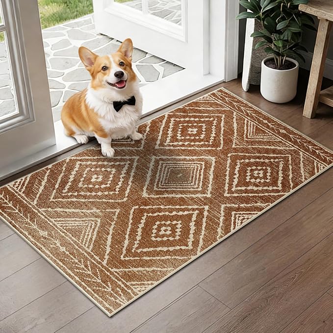 2'x4' Washable Area Rug for Living Room Bedroom Yellowbrown | Soft Western No Slip Low Pile Print Foldable Indoor for Kitchen Dining Room