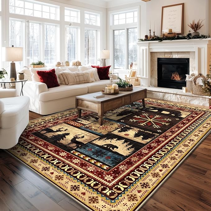 LOKHOM 6x9 Rustic Cabin Area Rug, Non-Slip Washable Western Lodge Bear Rug | Bear Pattern, Low Pile, Soft Vintage Wildlife Accent Floor Carpet, For Living Room Bedroom Entryway Nursery