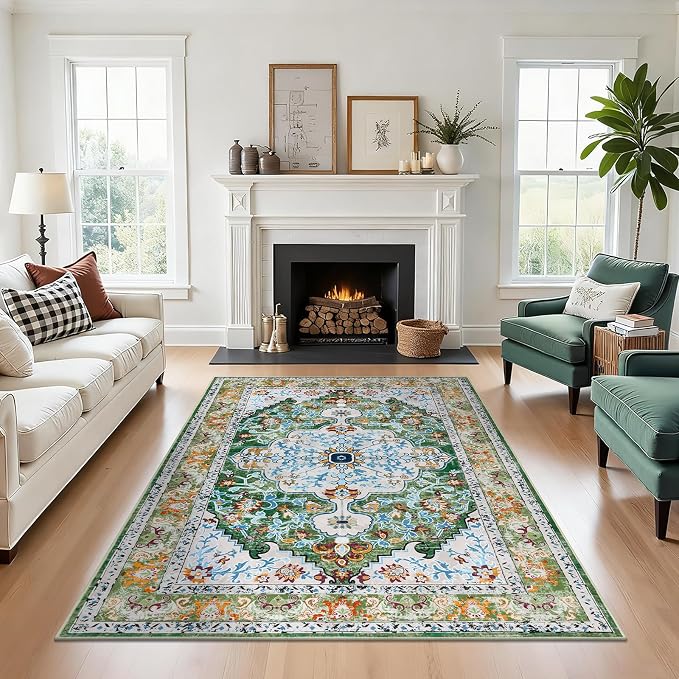 U'Artlines Boho Vintage Area Rug 5x8 Machine Washable Carpet, Green | Low Pile, Non Slip, Ultra-Thin Soft Floor Carpet, Accent Rug for Living Room Bedroom Dining Room Office