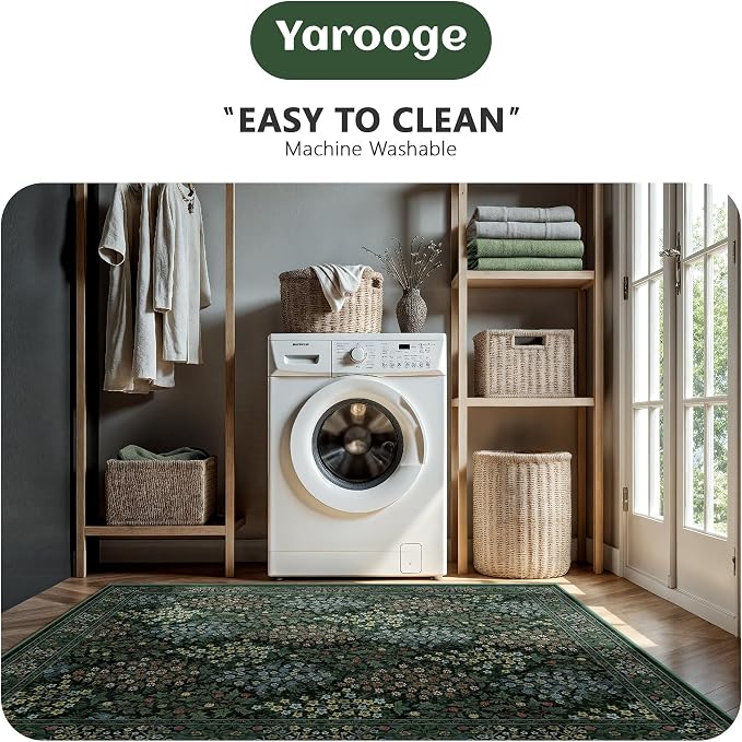 6x9 Area Rugs, Washable Floral Rugs for Living Room, Indoor Area Rug for Bedroom, Dining Room, Low Pile Non-Slip Non Shedding Rug(Dark Green Floral)