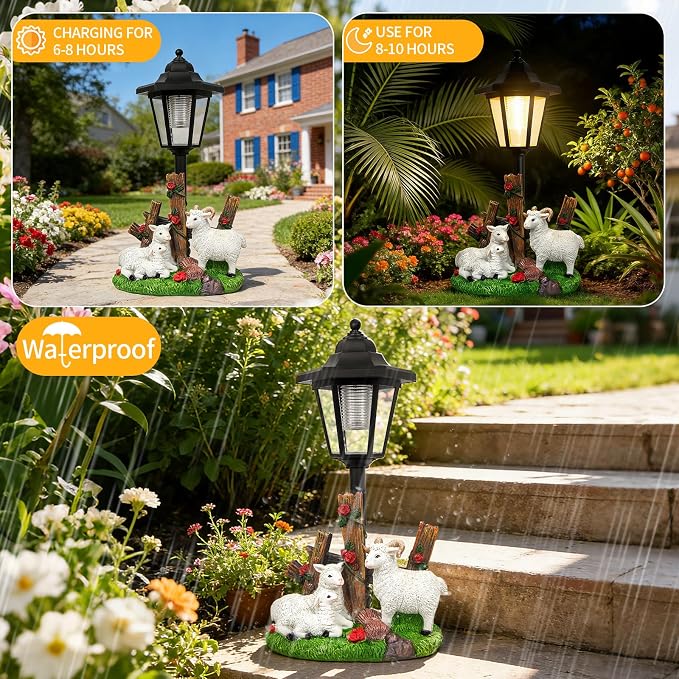 Solar Sheep Garden Outdoor Decor, Farmhouse Sheep Statue with LED Lantern, Decorative Lawn Lights Waterproof Resin Animal Figurine for Yard Patio Pathway Landscape Gift for Mother's Day