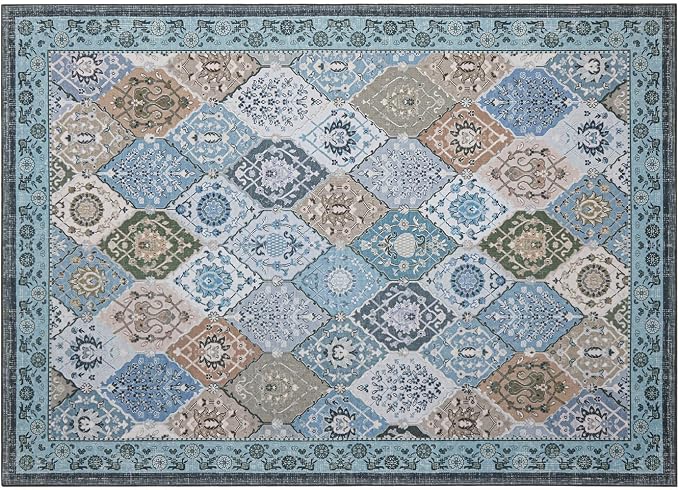 Phantoscope Washable Area Rug 5'x7' Non-Slip, Vintage Boho Rugs for Living Room, Bedroom, Dining Room, Distressed Moroccan Mosaic Diamond Pattern, Low-Pile Foldable Floor Carpet, Blue Teal/Neutral